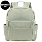 Corduroy kids backpack with front pocket, laptop sleeve, health label, name label, options to personalise a name with embroidery, spacious. perfect for school or travel. this colour is sage