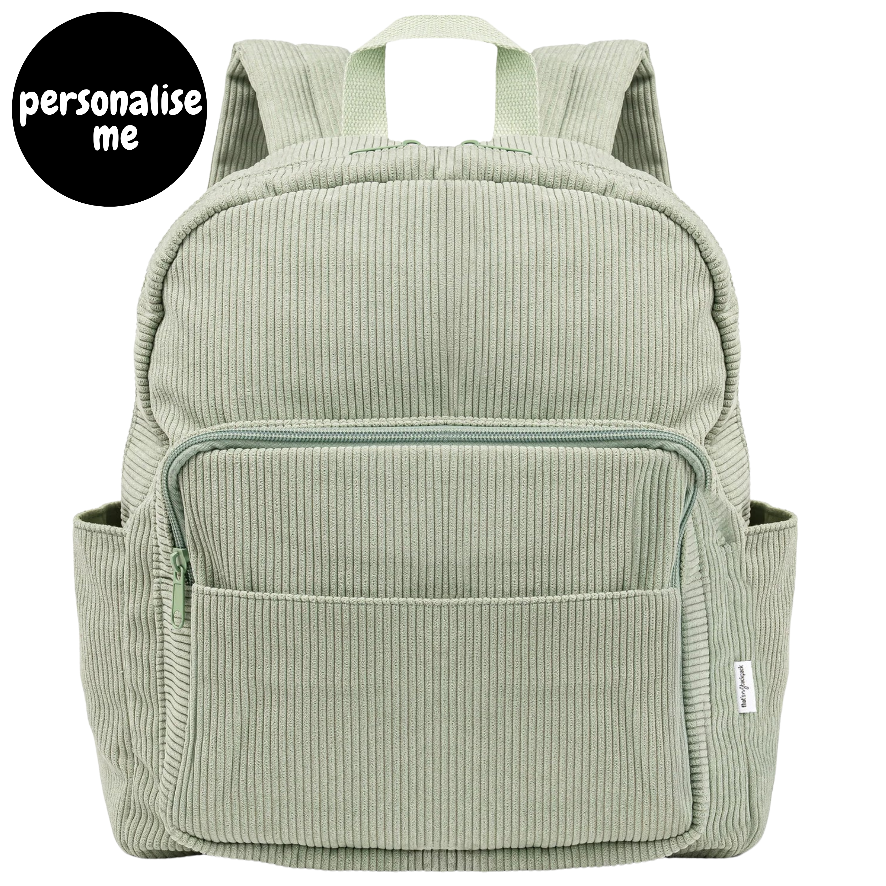 Corduroy kids backpack with front pocket, laptop sleeve, health label, name label, options to personalise a name with embroidery, spacious. perfect for school or travel. this colour is sage