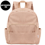 Corduroy kids backpack with front pocket, laptop sleeve, health label, name label, options to personalise a name with embroidery, spacious. perfect for school or travel. this colour is latte