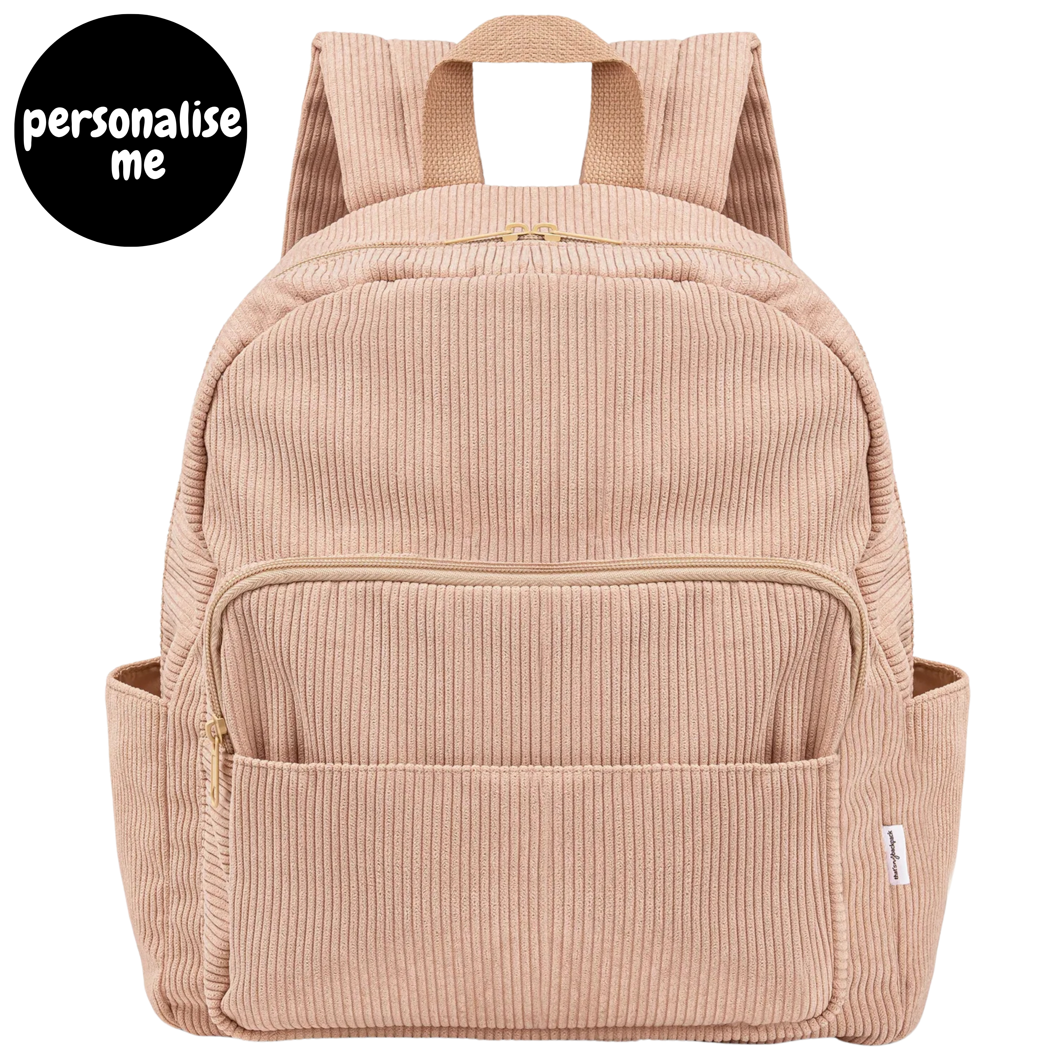 Corduroy kids backpack with front pocket, laptop sleeve, health label, name label, options to personalise a name with embroidery, spacious. perfect for school or travel. this colour is latte