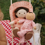 Soft baby doll in pink strawberry pattern Olli Ella Dozy Dinkum
