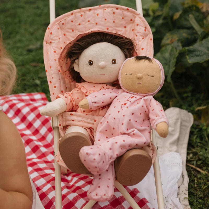 Soft baby doll in pink strawberry pattern Olli Ella Dozy Dinkum
