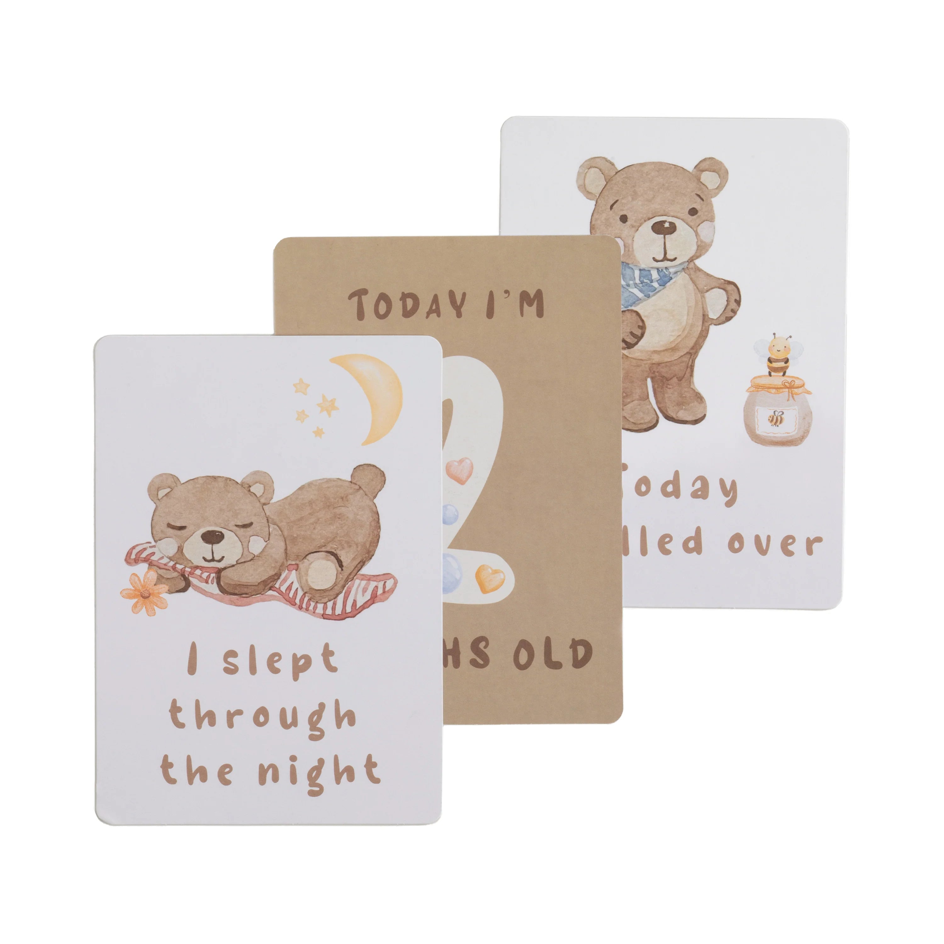 milestone cards by lively living to track babies age and milestones. great for photos and theme is cuddly bear. card pictured reads today i rolled over, i slept through the night and today i'm 2 months old