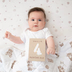 milestone cards by lively living to track babies age and milestones. great for photos and theme is cuddly bear. card pictured reads today i'm 4 months old