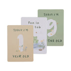 milestone cards by lively living to track babies age and milestones. great for photos and theme is goosey goosey. card pictured reads today i'm 1 year old, fun in the tub, today i'm 9 months old