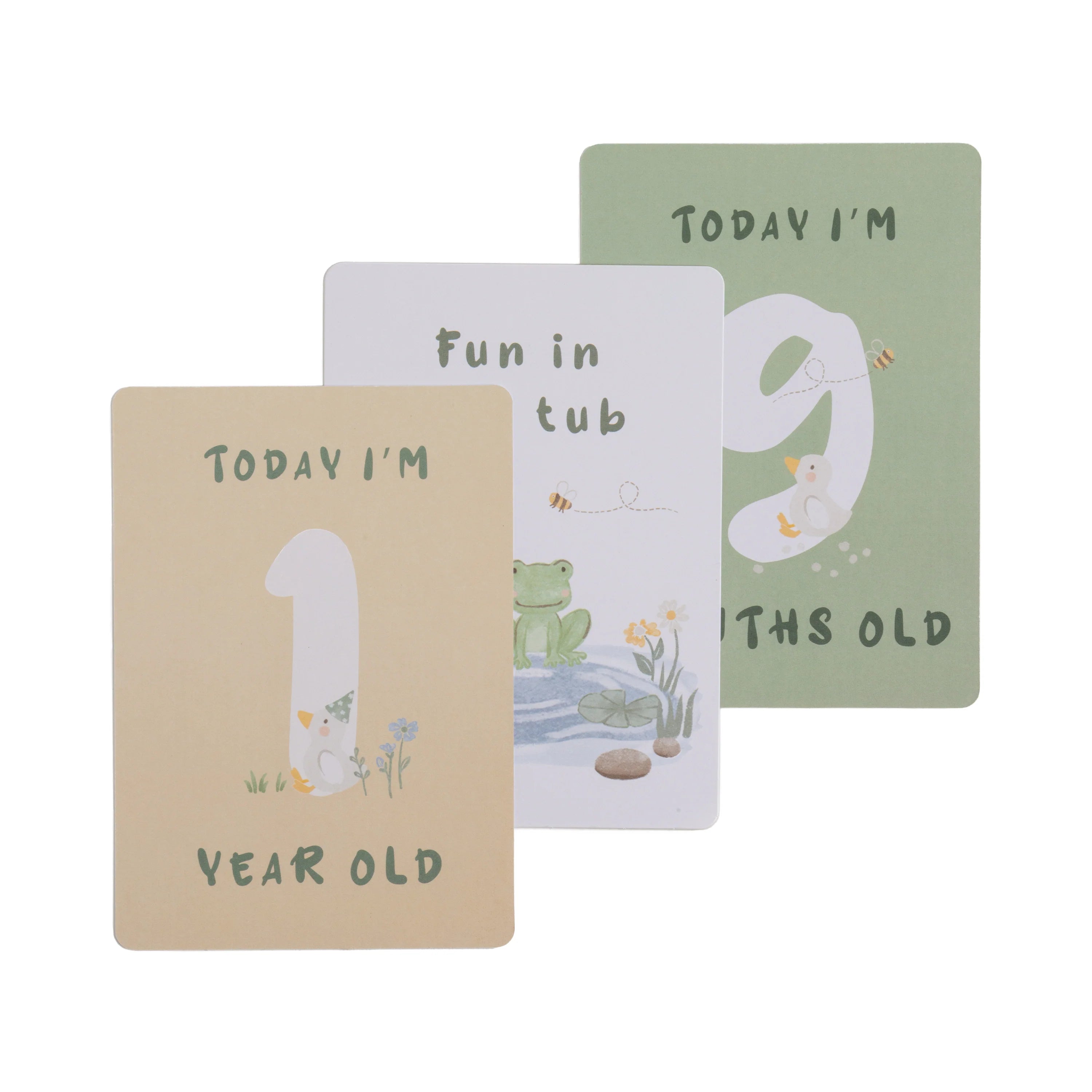 milestone cards by lively living to track babies age and milestones. great for photos and theme is goosey goosey. card pictured reads today i'm 1 year old, fun in the tub, today i'm 9 months old