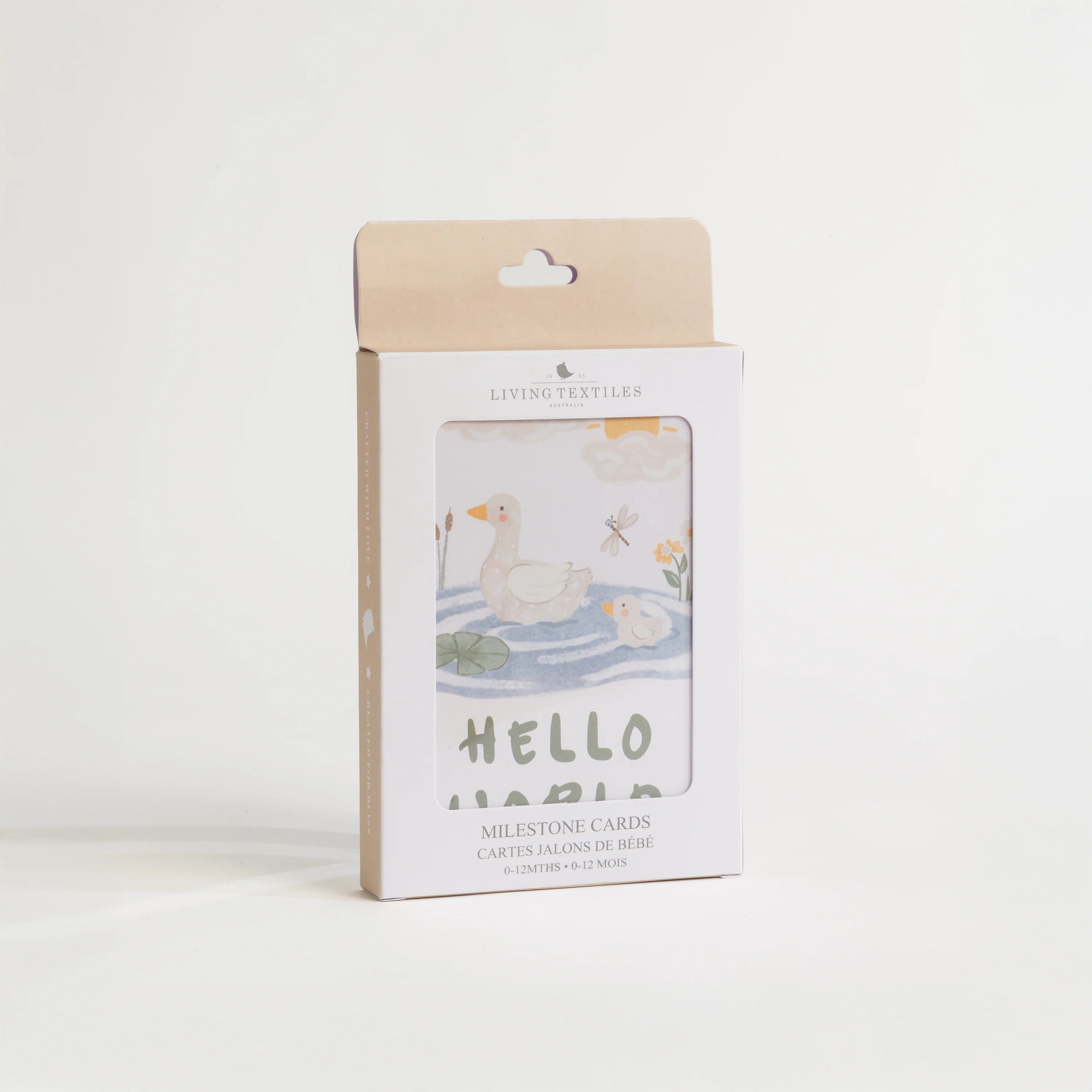 packaging of milestone cards by lively living to track babies age and milestones. great for photos and theme is goosey goosey. front card is hello world