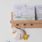 milestone cards by lively living to track babies age and milestones. great for photos and theme is goosey goosey. card pictured reads i sat up today, my first outing, today i crawled