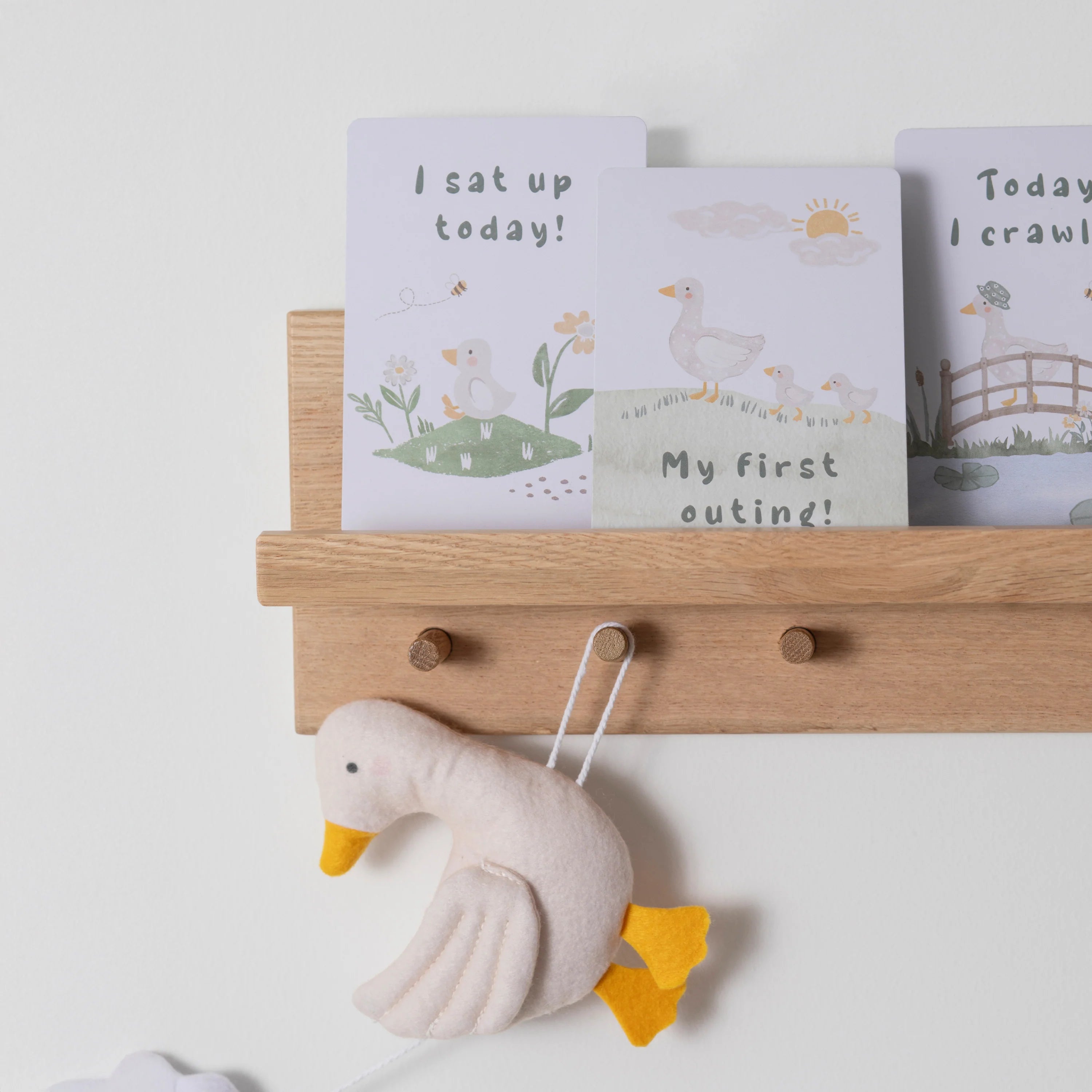 milestone cards by lively living to track babies age and milestones. great for photos and theme is goosey goosey. card pictured reads i sat up today, my first outing, today i crawled