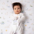 milestone cards by lively living to track babies age and milestones. great for photos and theme is goosey goosey. card pictured reads hello world