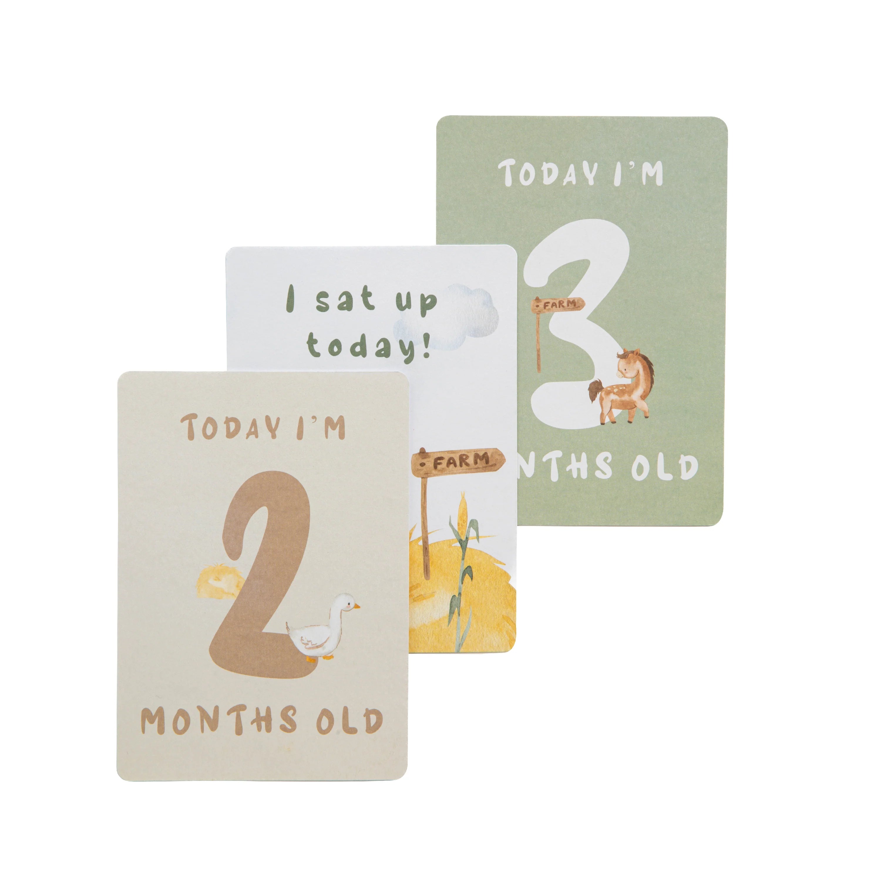 milestone cards by lively living to track babies age and milestones. great for photos and theme is tractor ride. card pictured reads today i'm 2 months old, today i'm 3 months old, i sat up today