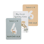 milestone cards by lively living to track babies age and milestones. great for photos and theme is wild safari. card pictured reads today i'm 4 months old, my first tummy time, today i'm 6 months old