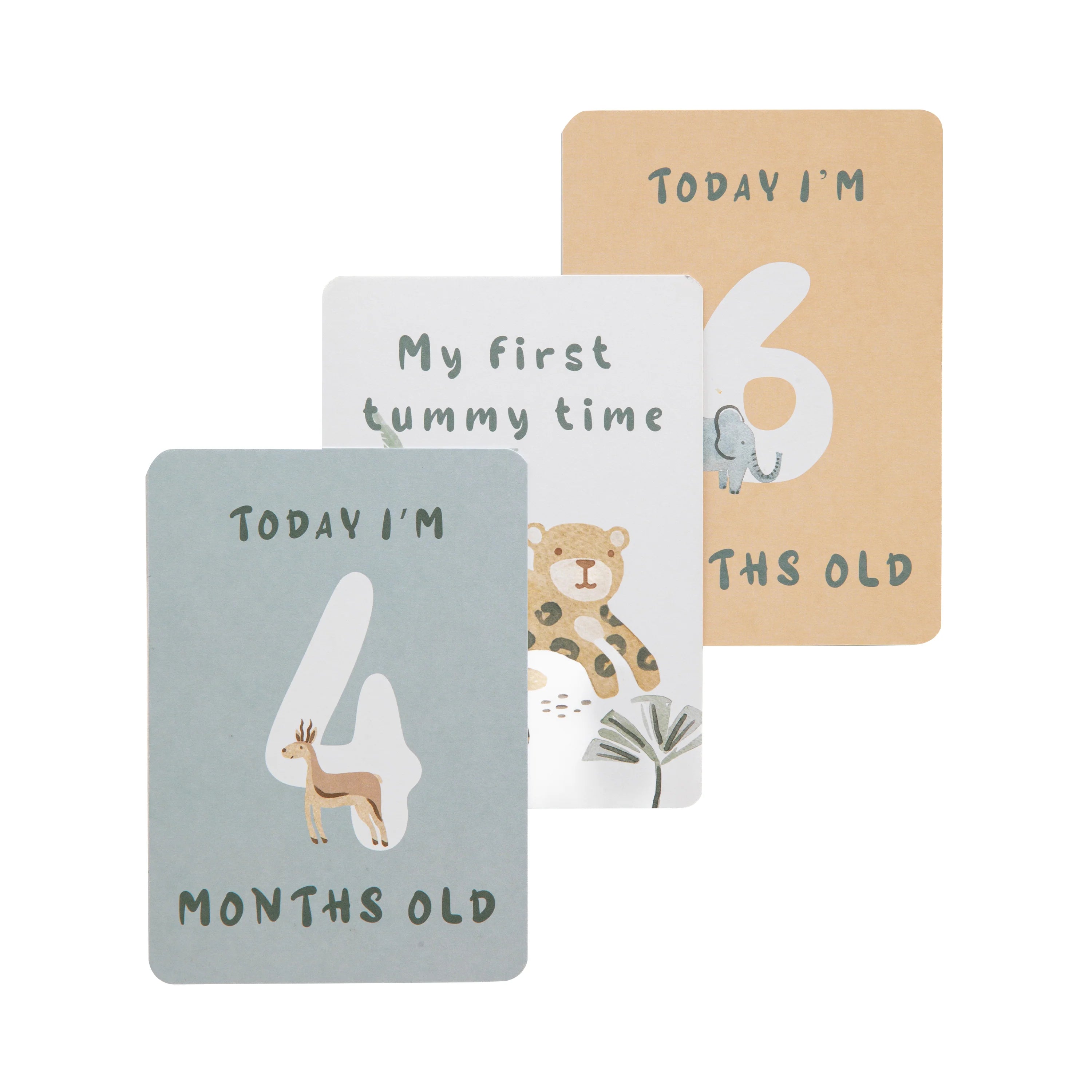 milestone cards by lively living to track babies age and milestones. great for photos and theme is wild safari. card pictured reads today i'm 4 months old, my first tummy time, today i'm 6 months old