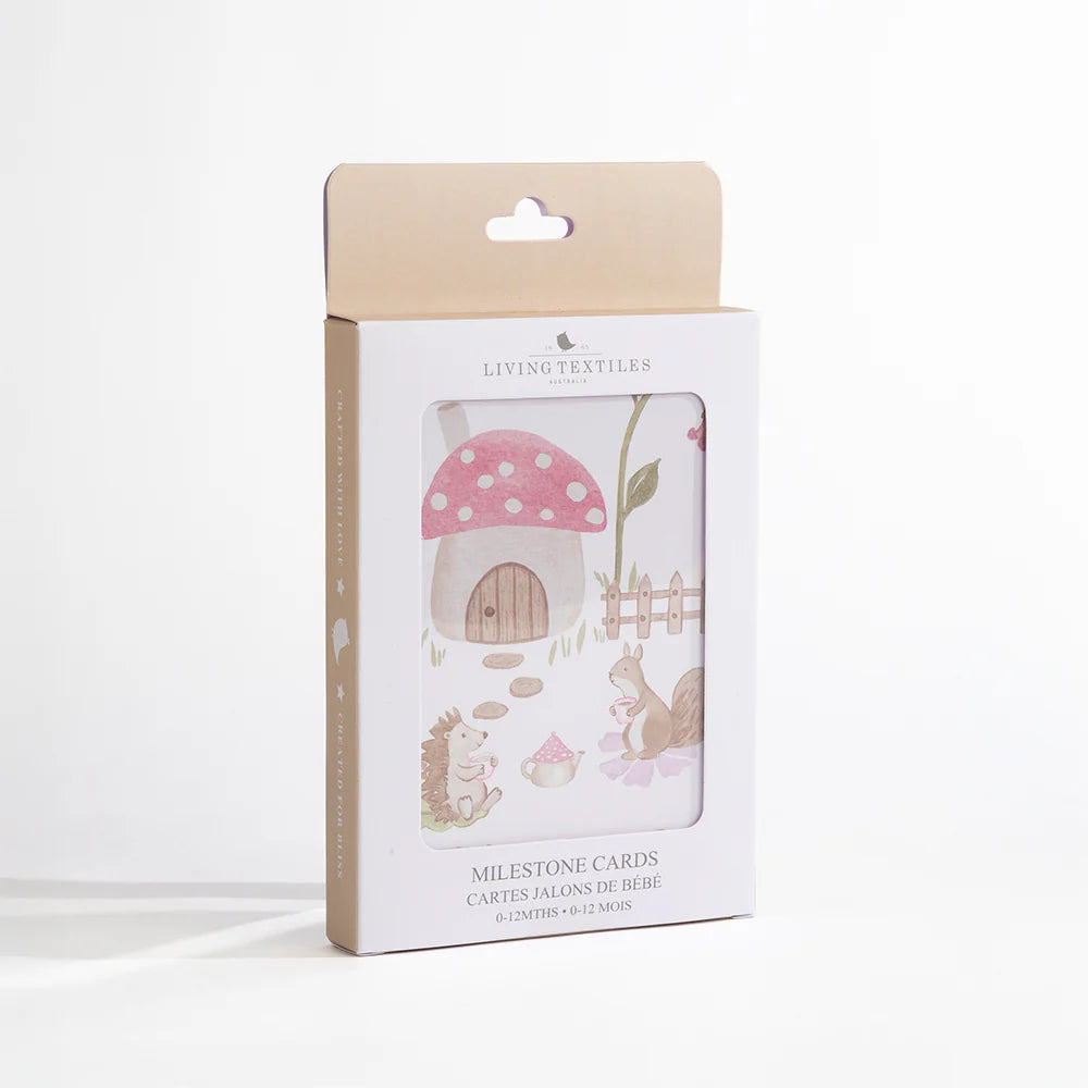 packaging of milestone cards by lively living to track babies age and milestones. great for photos and theme is whimsical wonderland.
