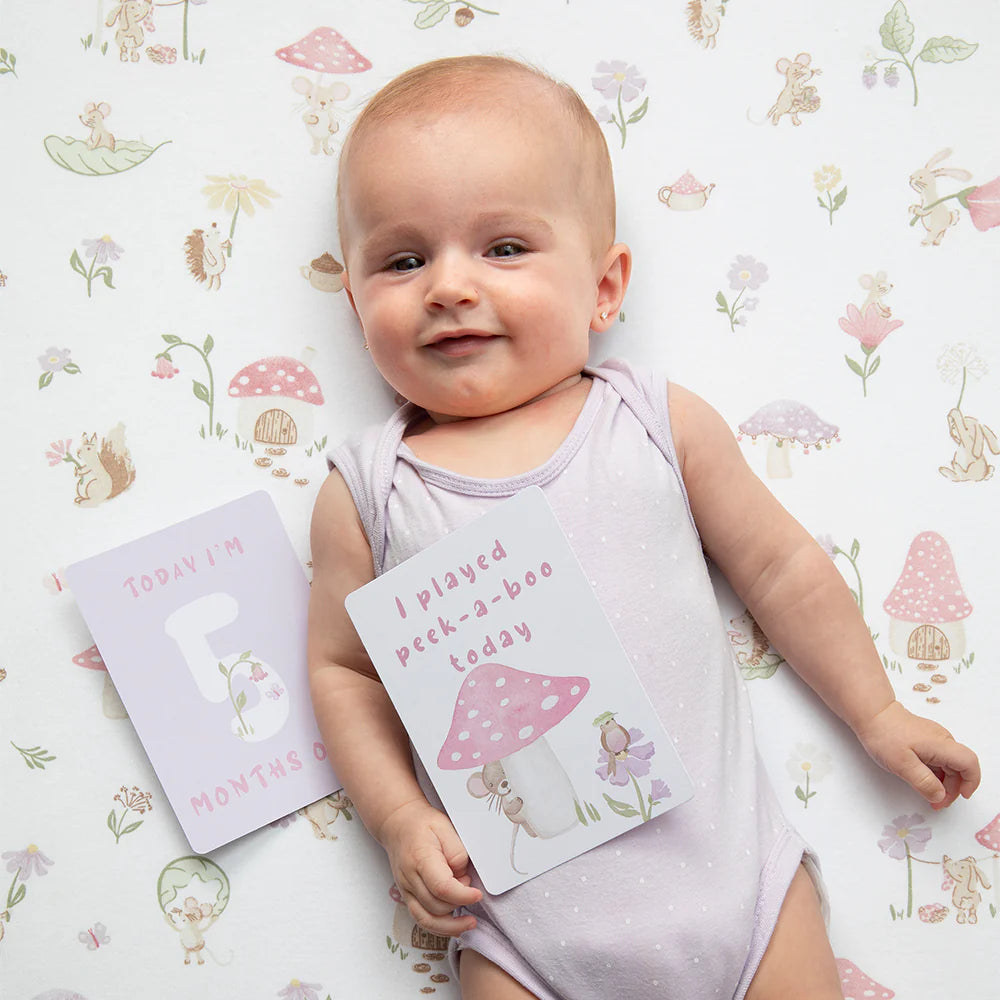 milestone cards by lively living to track babies age and milestones. great for photos and theme is whimsical wonderland. card pictured reads  today i'm 5 months old, i played peek a boo today