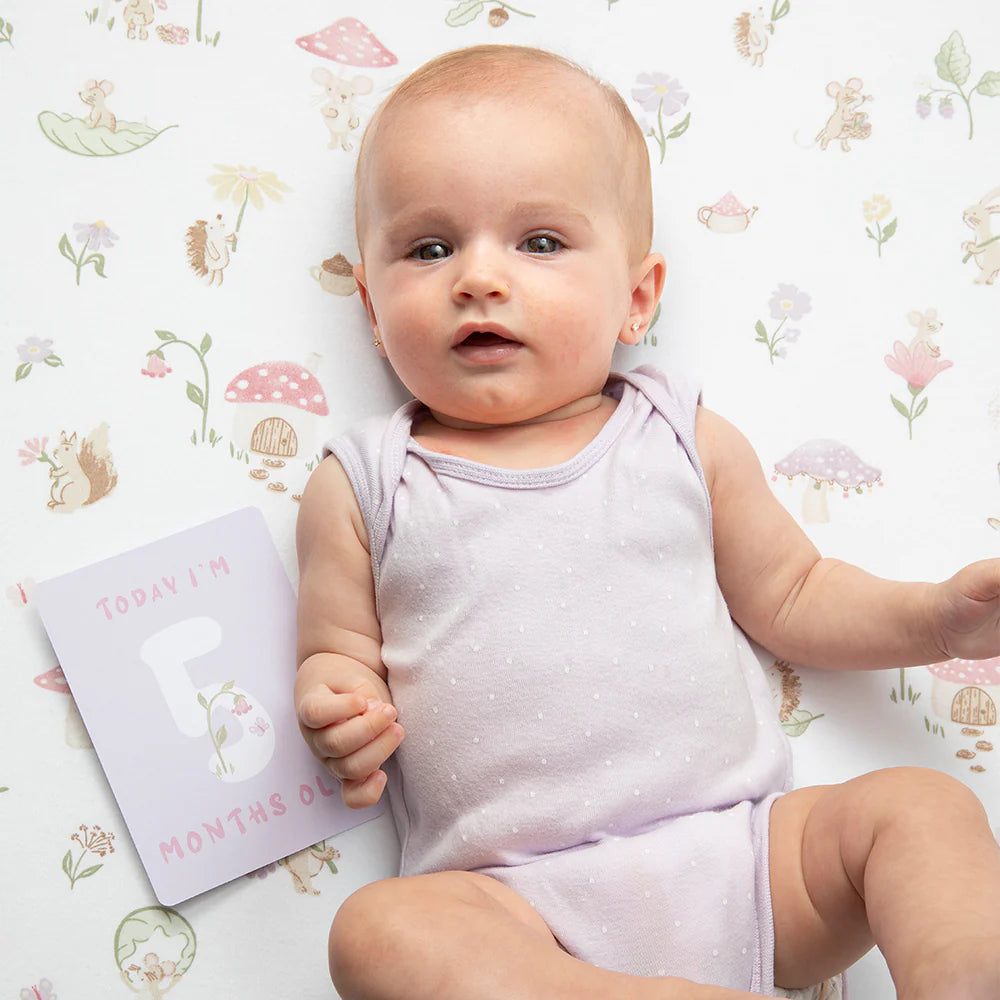 milestone cards by lively living to track babies age and milestones. great for photos and theme is whimsical wonderland. card pictured reads today i'm 5 months old