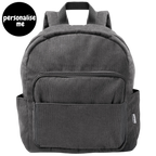 Corduroy kids backpack with front pocket, laptop sleeve, health label, name label, options to personalise a name with embroidery, spacious. perfect for school or travel. this colour is charcoal