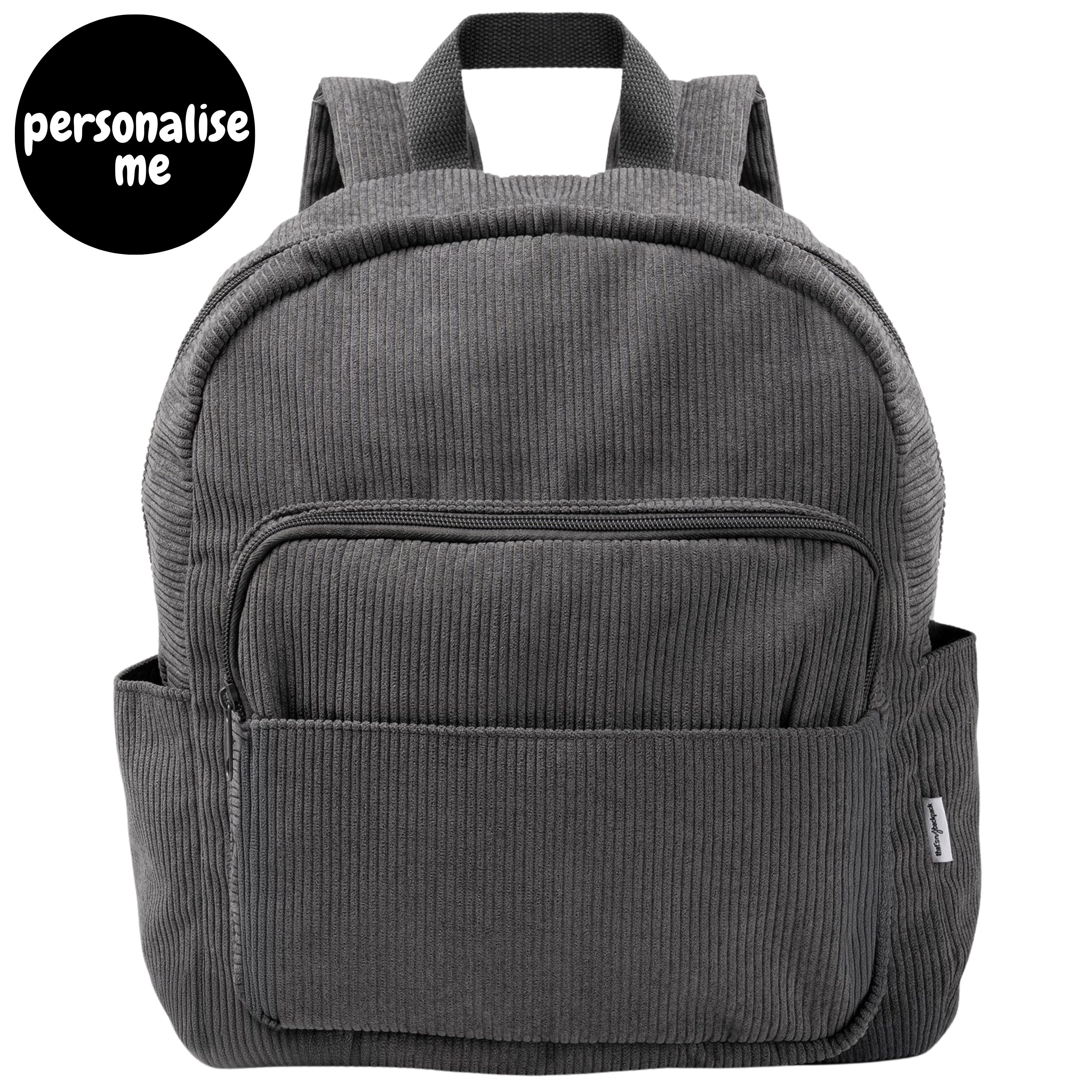 Corduroy kids backpack with front pocket, laptop sleeve, health label, name label, options to personalise a name with embroidery, spacious. perfect for school or travel. this colour is charcoal
