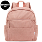 Corduroy kids backpack with front pocket, laptop sleeve, health label, name label, options to personalise a name with embroidery, spacious. perfect for school or travel. this colour is dusty rose