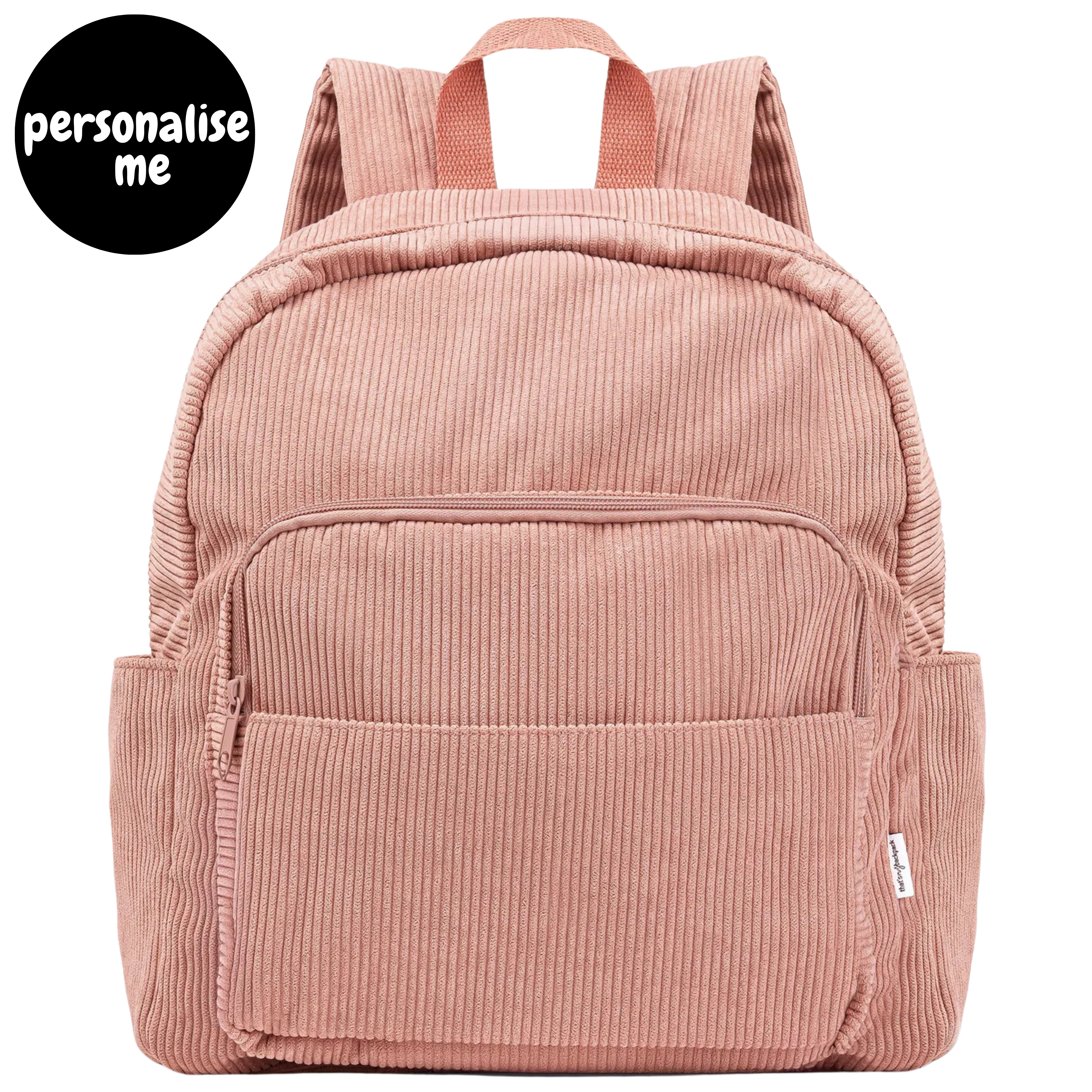 Corduroy kids backpack with front pocket, laptop sleeve, health label, name label, options to personalise a name with embroidery, spacious. perfect for school or travel. this colour is dusty rose