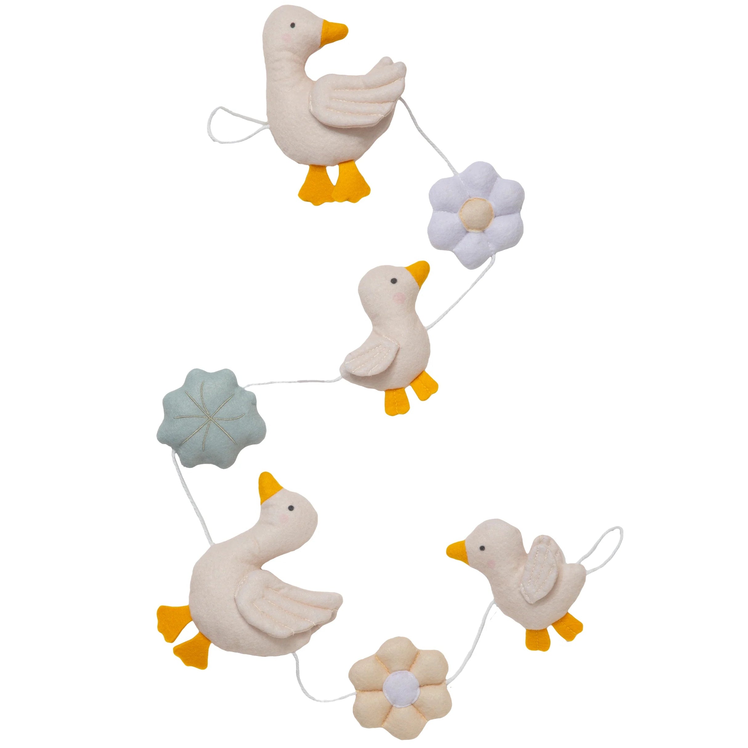 nursery bunting to hang in room and display cute art decor. theme is goosey goosey with flowers and geese