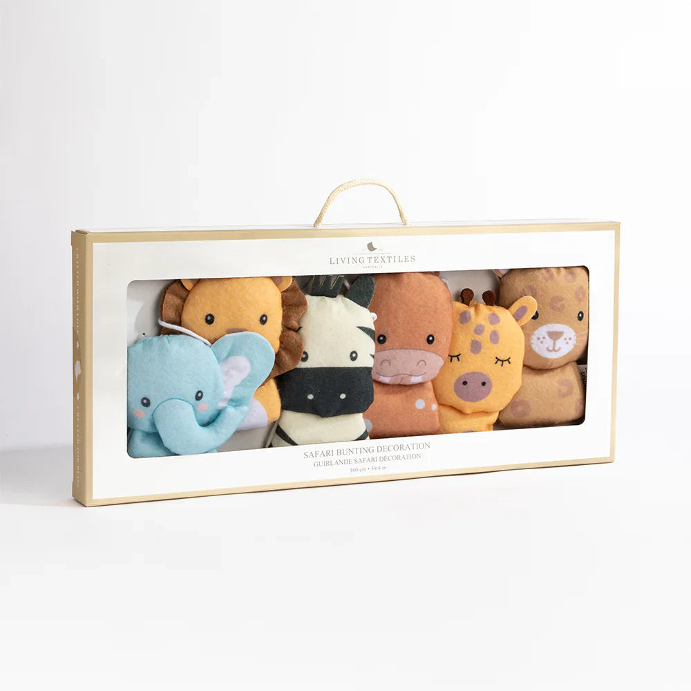 packaging of Wild Safari nursery bunting decoration by Living Textiles. A soft felt garland perfect for nursery styling and kids room decor