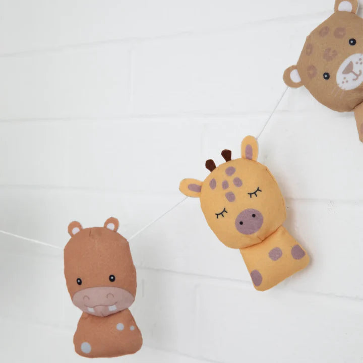 closer look at Wild Safari nursery bunting decoration by Living Textiles. A soft felt garland perfect for nursery styling and kids room decor