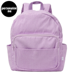 Corduroy kids backpack with front pocket, laptop sleeve, health label, name label, options to personalise a name with embroidery, spacious. perfect for school or travel. this colour is lilac