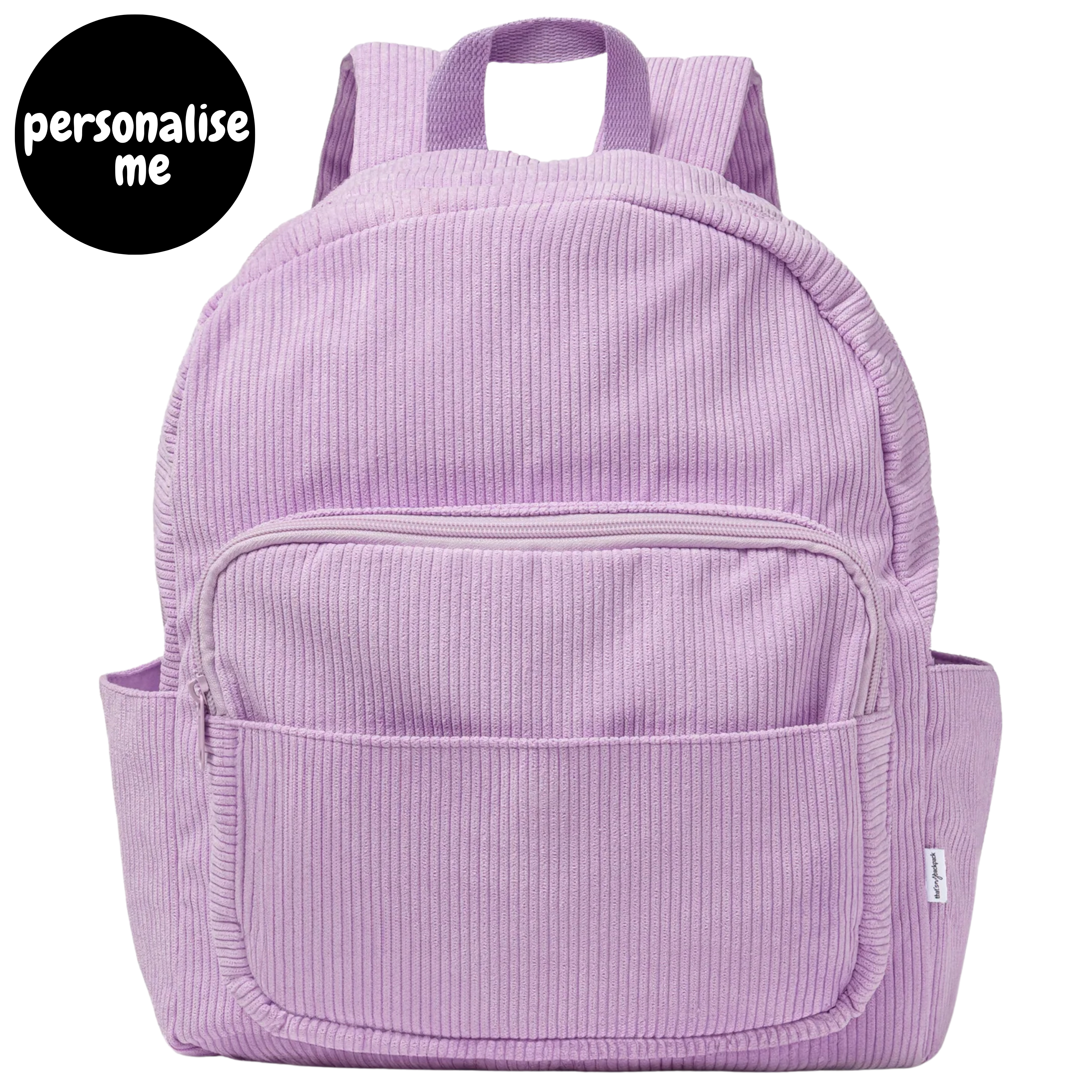 Corduroy kids backpack with front pocket, laptop sleeve, health label, name label, options to personalise a name with embroidery, spacious. perfect for school or travel. this colour is lilac