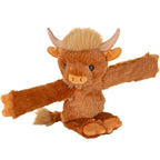 Brown highland cow plush toy with wrap around snap band arms
