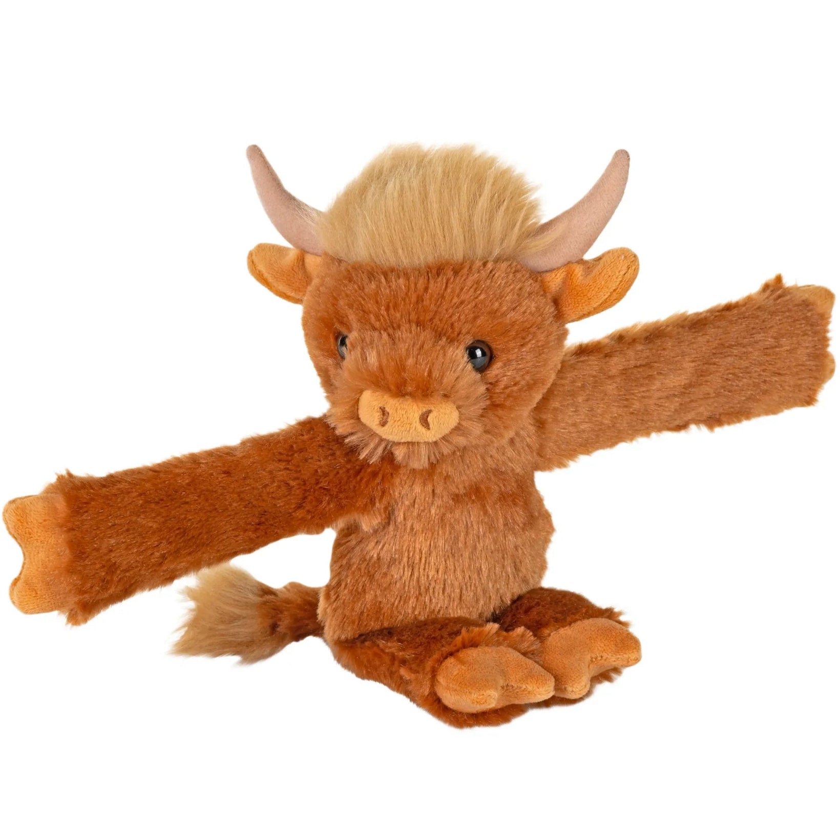 Brown highland cow plush toy with wrap around snap band arms
