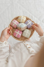 Juni Moon felt hot cross buns toy set in soft pastel colours for Easter baskets and play kitchens