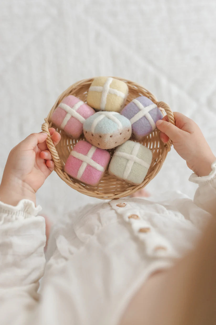 Juni Moon felt hot cross buns toy set in soft pastel colours for Easter baskets and play kitchens