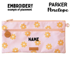 example of embroidery on the Fox & Fallow large pencil case. Spacious, durable and can be personalised with embroidery, perfect for school, highschool and everyday use. Can also get matching backpack and lunch bag. This print is: daisy chain