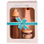 packing of the tiny chocolate box gift set in the box, for pretend play with baby dolls. great for gifting and this pack includes chocolate milk, chocolate pudding and the magic spoon