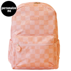 Fox & Fallow backpack for kids, perfect for school, daycare and everyday use. Spacious, practical and designed for little adventures. Personalisation of embroidery with name also available on bags in 2 placements. This print is peach checks