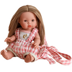 baby dolls carrier made by tiny harlow with a baby inside for pretend play, the print is pink gingham