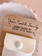 wooden tooth fairy card with soft pouch for tooth