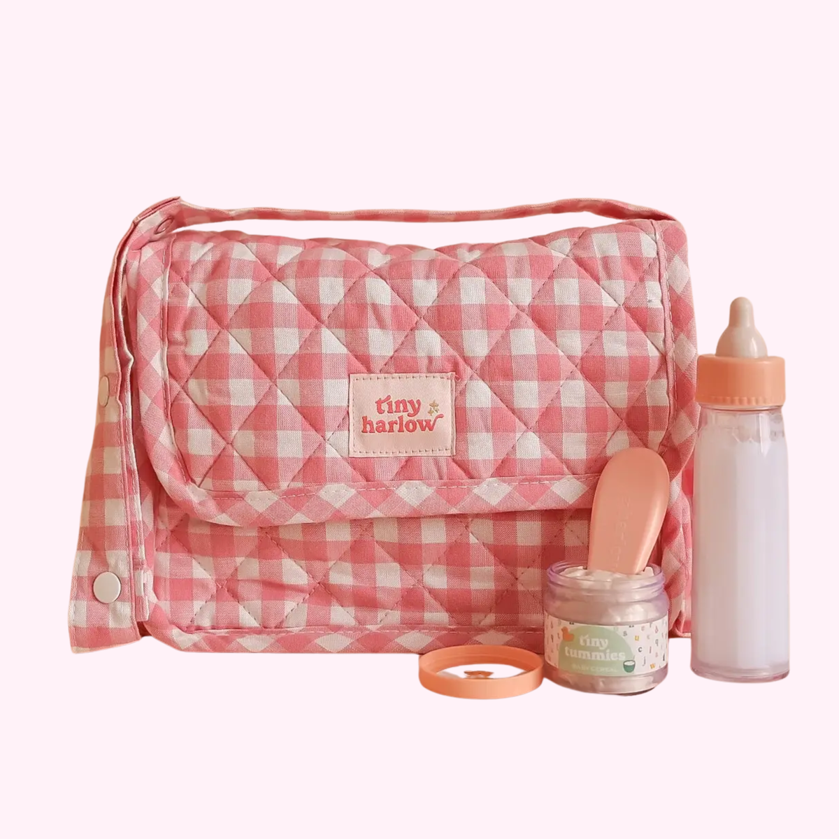 Pink Gingham Tiny Nurturer Doll Nappy Bag Set - Tiny Harlow