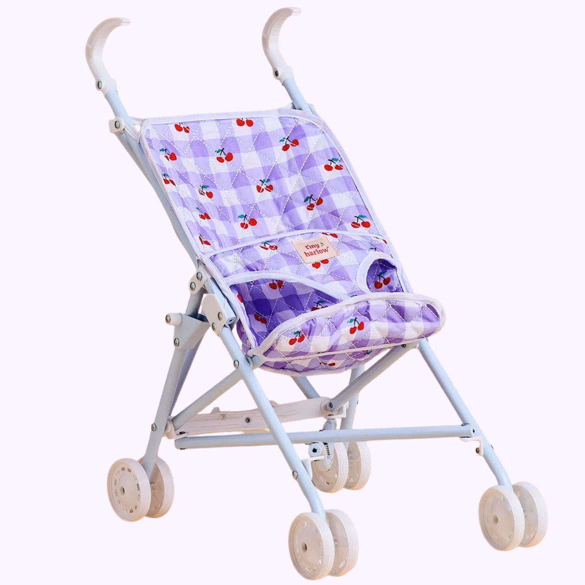 Lilac Gingham Cherry Folding Baby Doll Stroller - Tiny Harlow