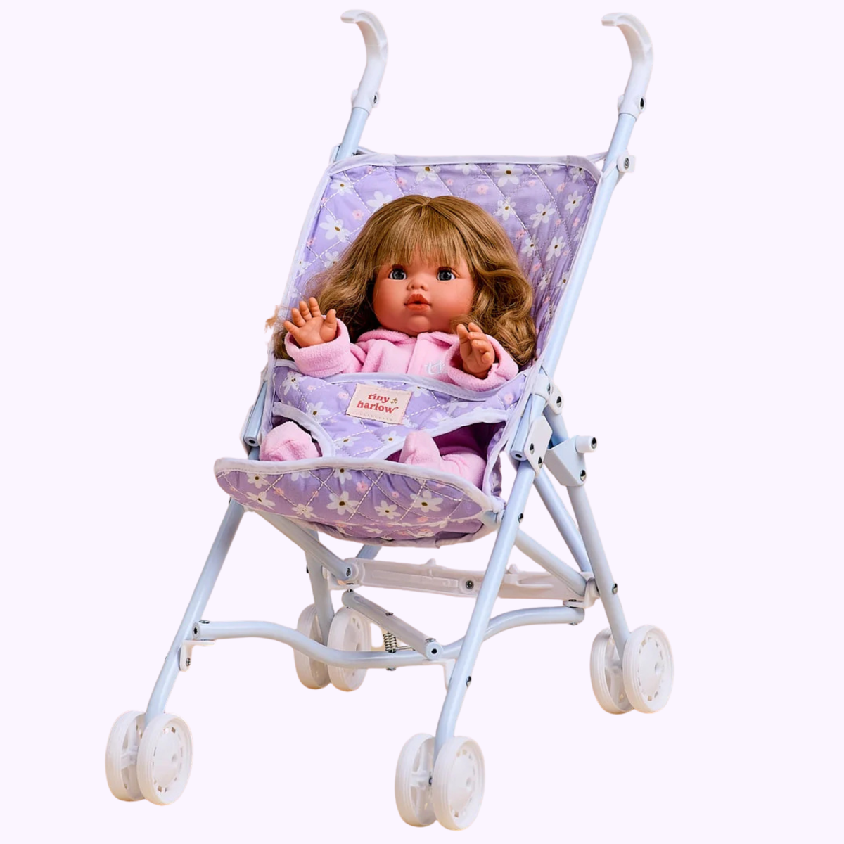 Lilac Gingham Cherry Folding Baby Doll Stroller - Tiny Harlow