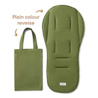 Plain olive green reversible side of organic cotton pram liner with soft quilted padding