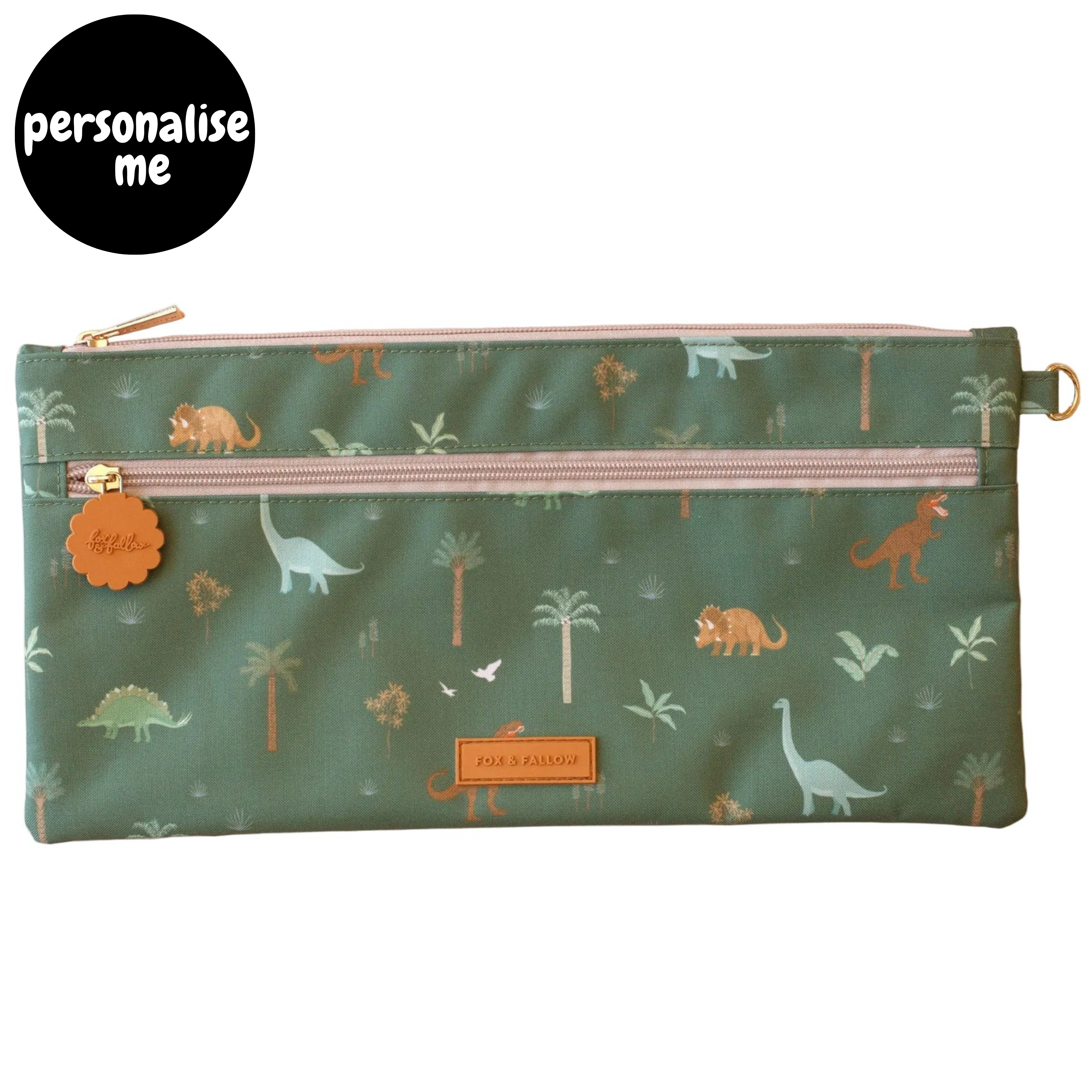 Fox & Fallow large pencil case. Spacious, durable and can be personalised with embroidery, perfect for school, highschool and everyday use. Can also get matching backpack and lunch bag. This print is dinos