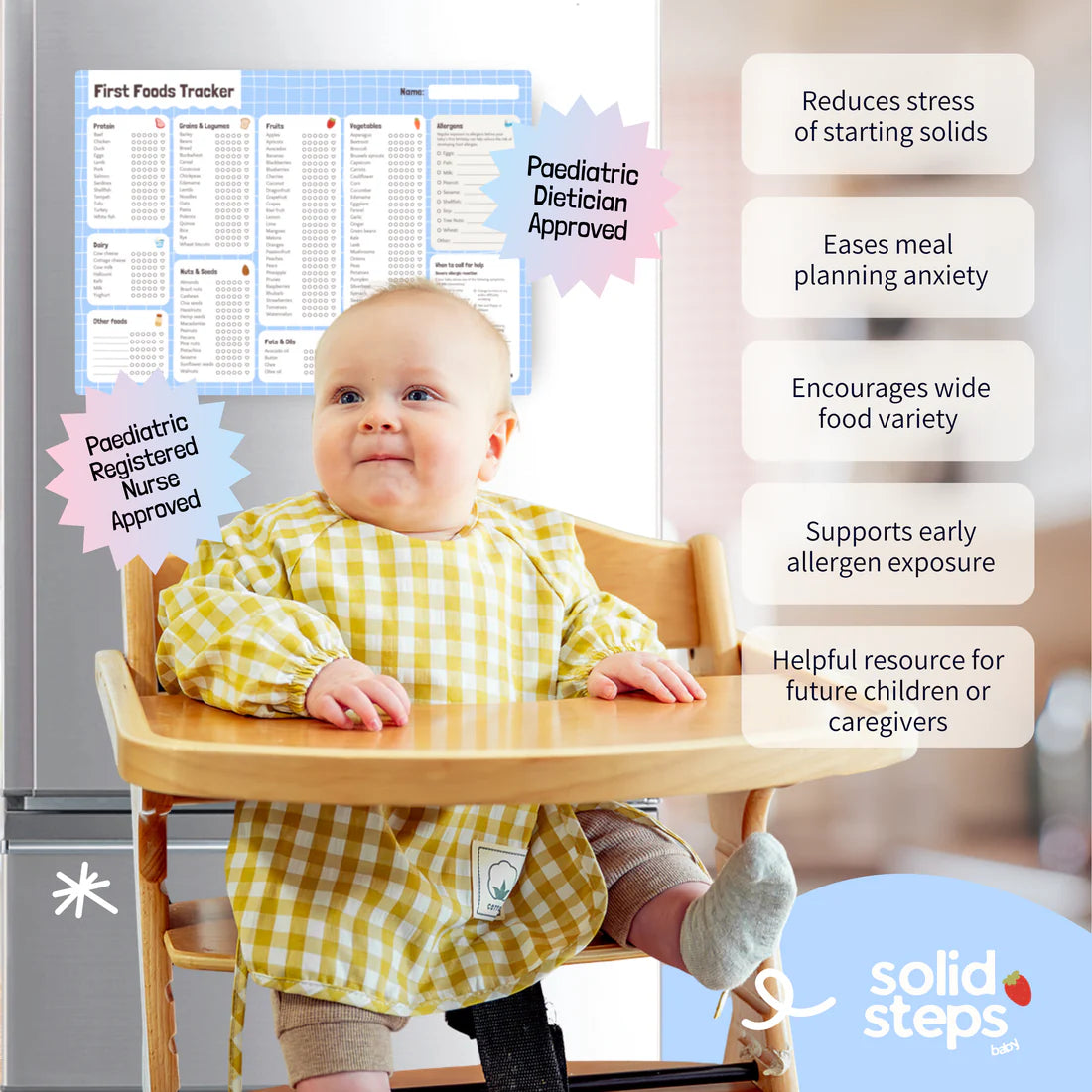 benefits By the brand solid steps, these are baby first foods and allergens A3 fridge magnet for staring solids and ticking off first foods tracker. is a whiteboard material and comes with whiteboard marker. The colour is blue