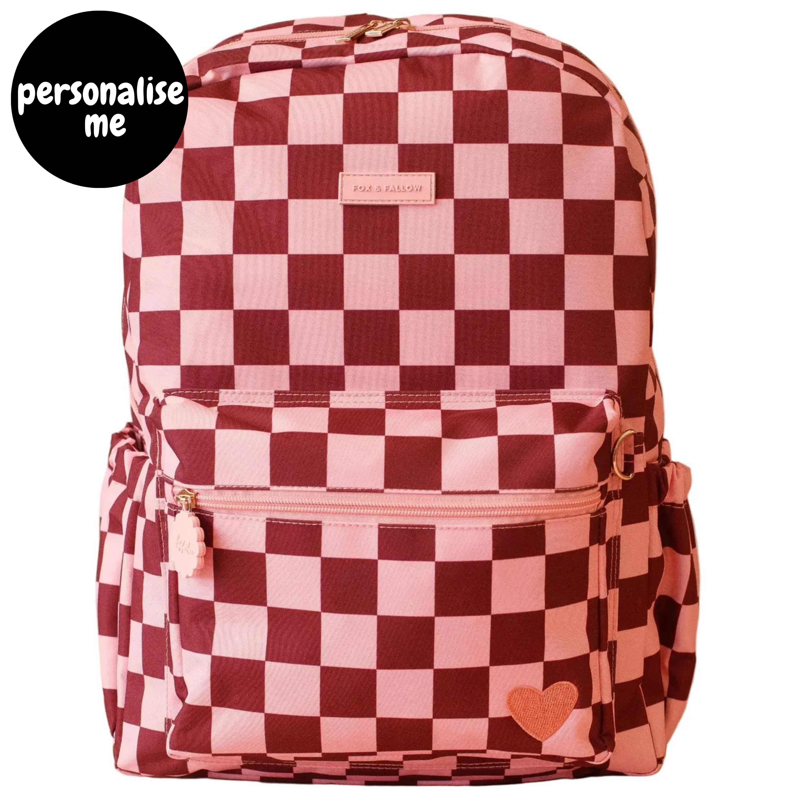 Fox & Fallow backpack for kids, perfect for school, daycare and everyday use. Spacious, practical and designed for little adventures. Personalisation of embroidery with name also available on bags in 2 placements. This print is cherry check
