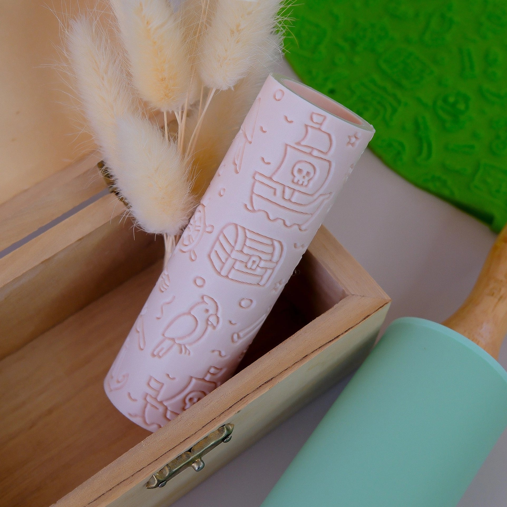 Image of eco textured dough roller designed with fun patterns and to be used with sensory like playdough or can be used for cooking dough. Textured roller is in the pattern pirate
