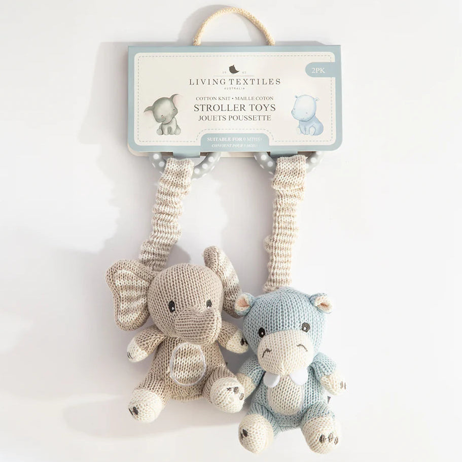 Cotton knit elephant and hippo rattles for babies