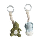 Living Textiles dinosaur stroller toys with wooden rings, cotton knit baby play gym toys – 2 pack