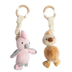 Living Textiles galah and emu stroller toys with wooden rings, soft cotton knit baby play gym toys – 2 pack