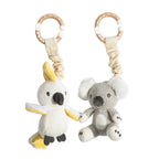 Living Textiles koala and cockatoo stroller toys with wooden rings, cotton knit baby play gym toys – 2 pack